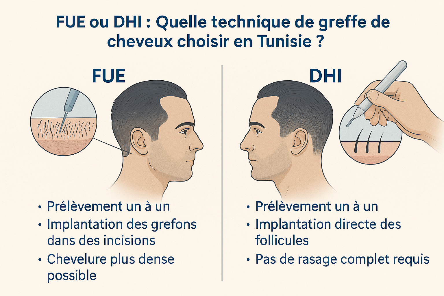 Greffe FUE vs DHI en Tunisie : Quelle technique de greffe de cheveux choisir ?