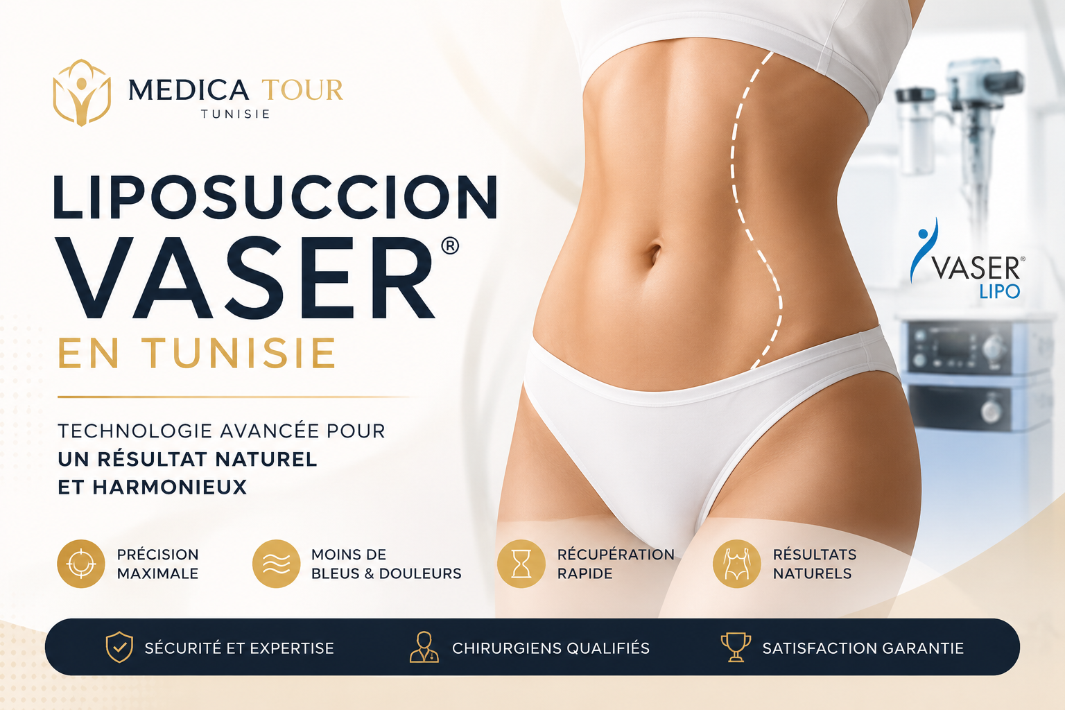 Liposuccion VASER en Tunisie réalisée par Medica Tour avec technologie avancée pour remodeler la silhouette naturellement